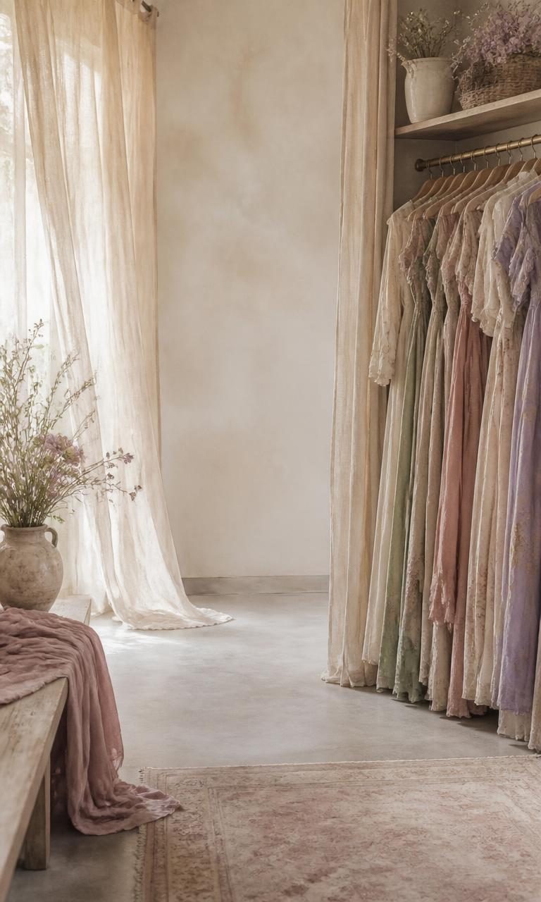 Pastel dresses hanging in a sunlit walk-in closet