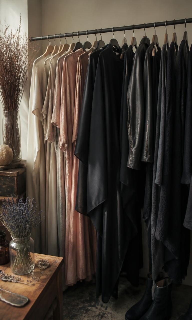 Pale silk dresses beside a draped black coat in a bohemian closet corner